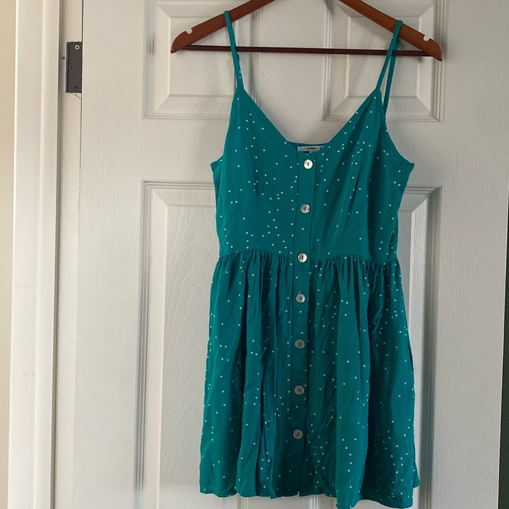 ONEILL - Teal Button Down Mini Dress With White Polka Dots - Size Small